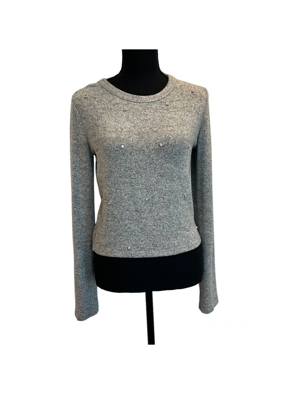 𝅺ZARA gray rhinestone Embellished long sleeve stretchy sweater Sz L
